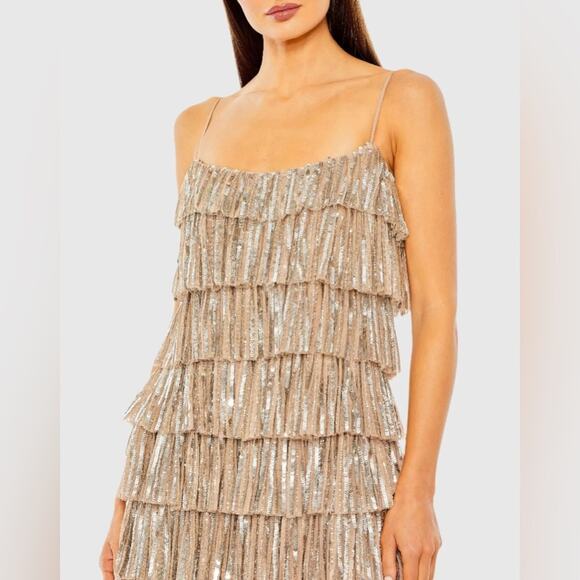 NEW MAC DUGGAL Silver Sequin Fringe Tiered Tank Ruffle Beige $698 Mini Dress 2 - Picture 13 of 13
